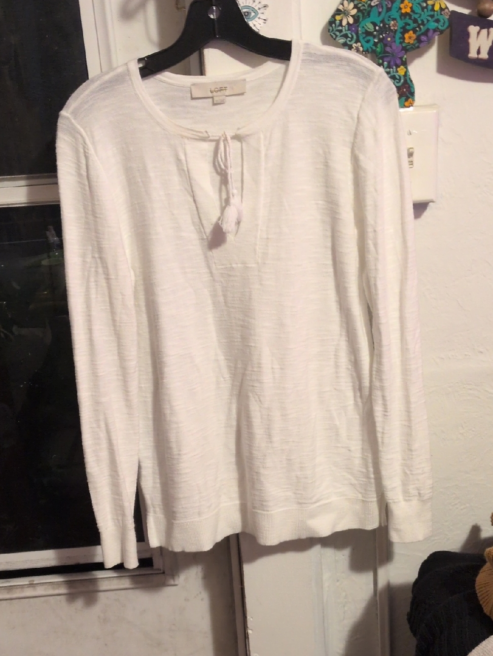 LOFT White Tie-Neck Lightweight Knit Top